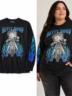 Betty Boop Bikercore Flame Graphic Long Sleeve Shirt Womens 2XL Black